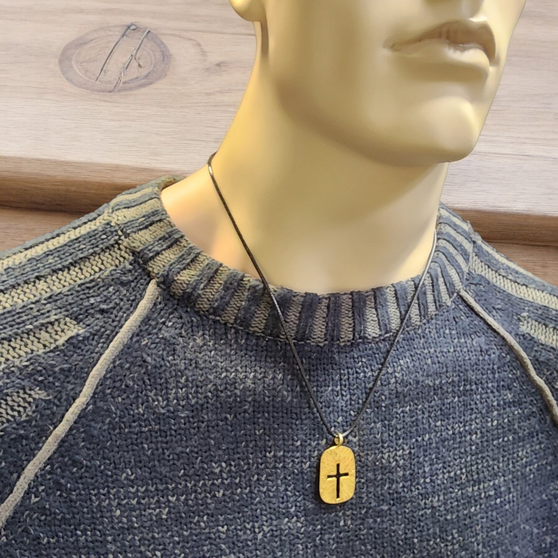 Cross Tag Hammered Gold Metal Finish Black Cord Necklace