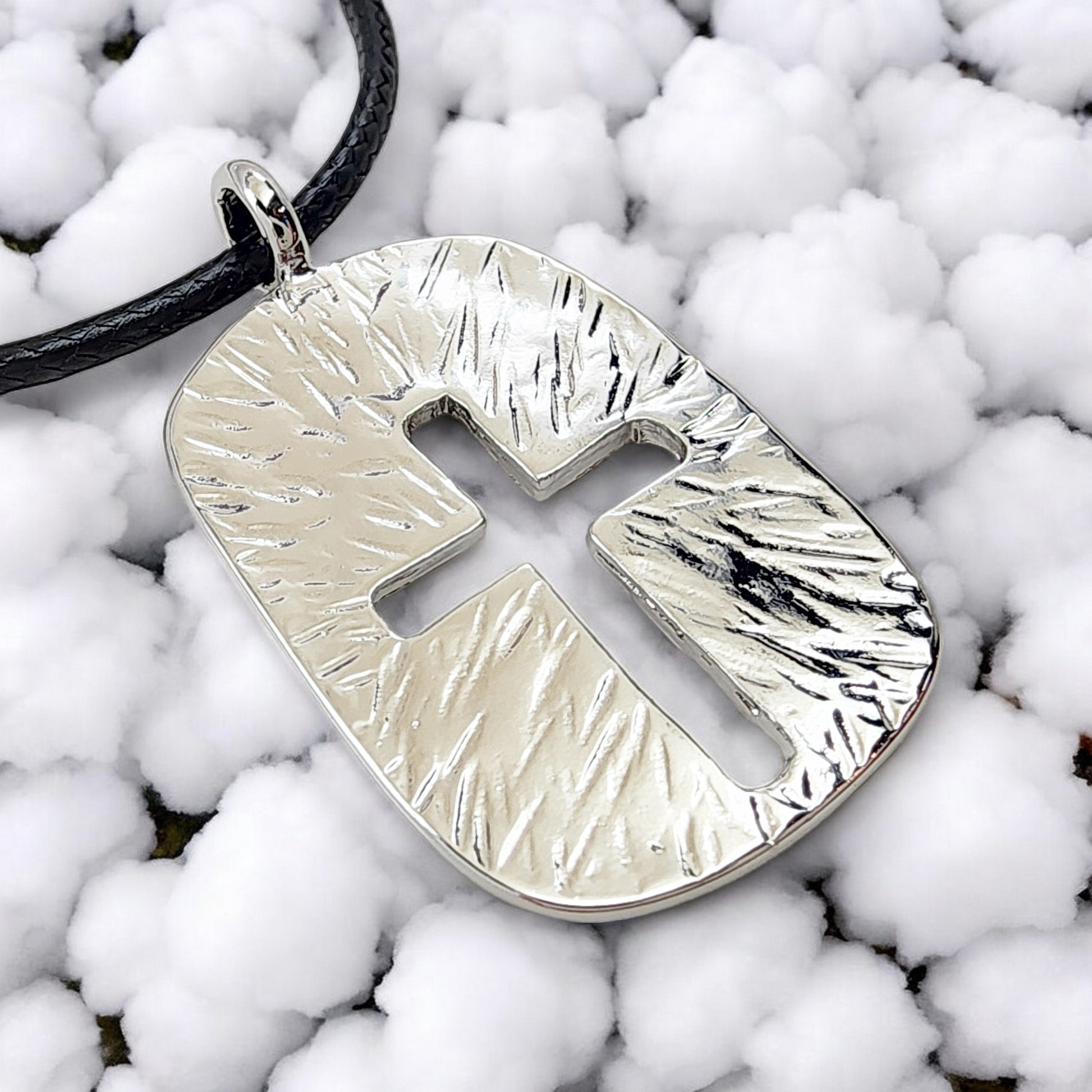Cross Tag Hammered Rhodium Metal Finish Black Cord Necklace