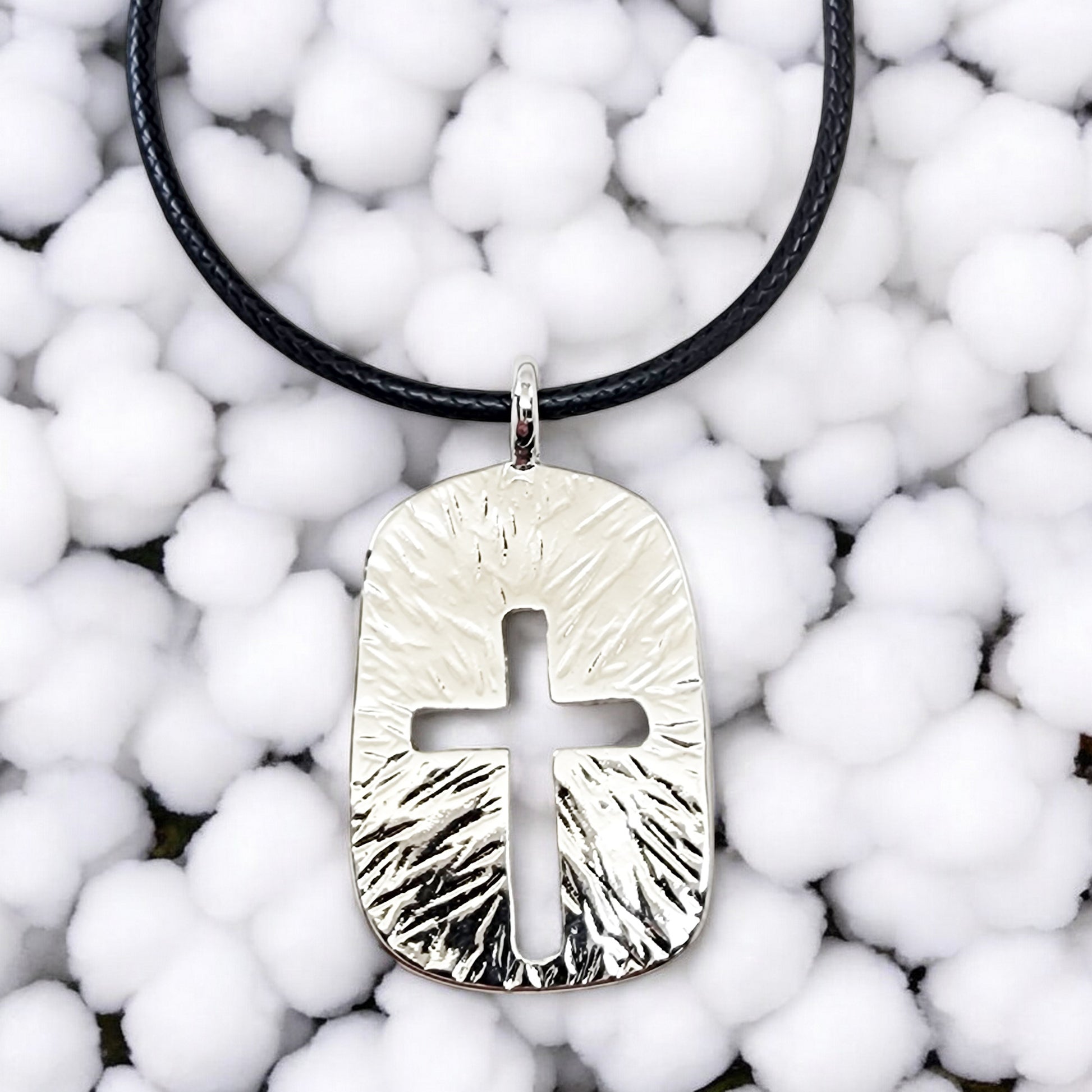 Cross Tag Hammered Rhodium Metal Finish Black Cord Necklace