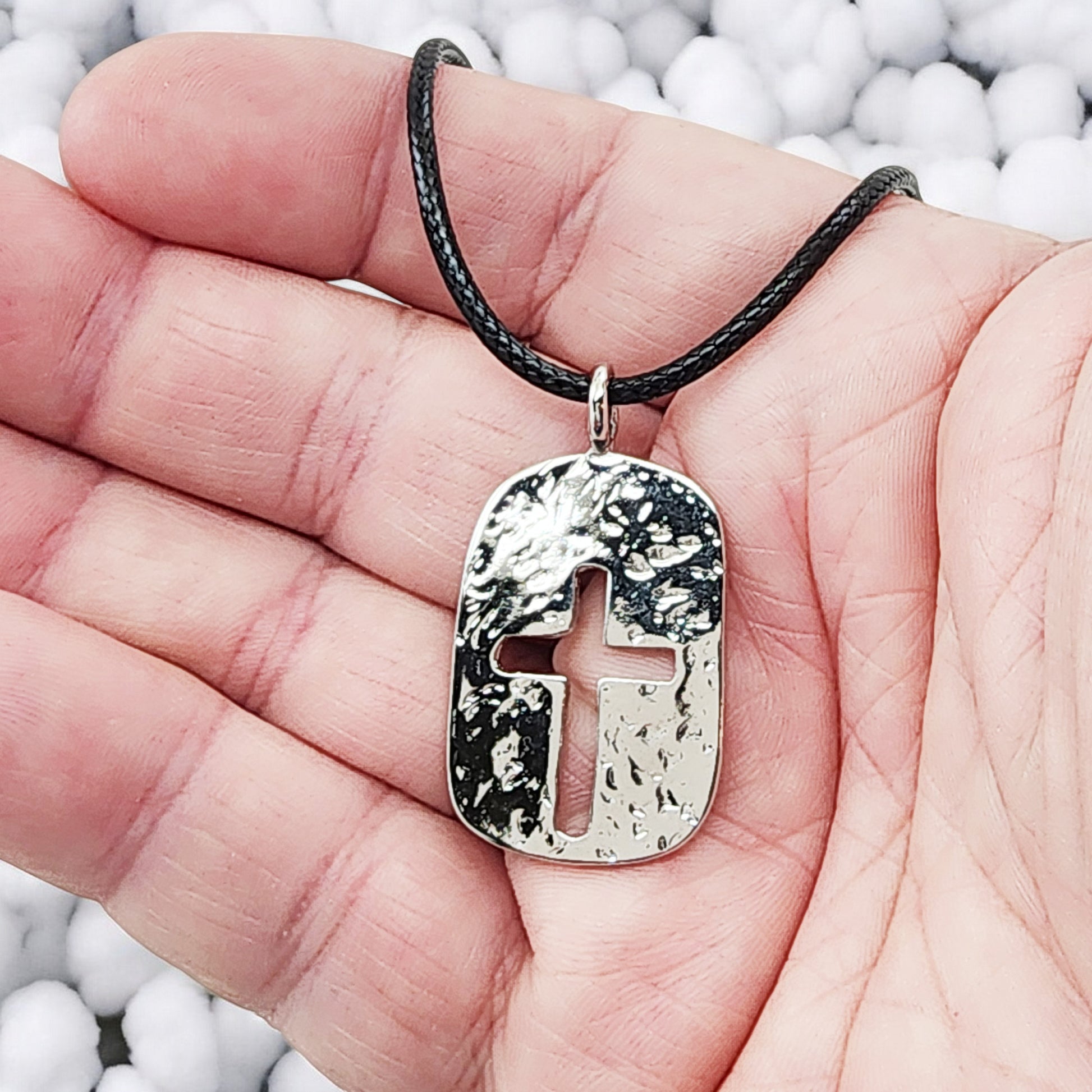 Cross Tag Hammered Rhodium Metal Finish Black Cord Necklace