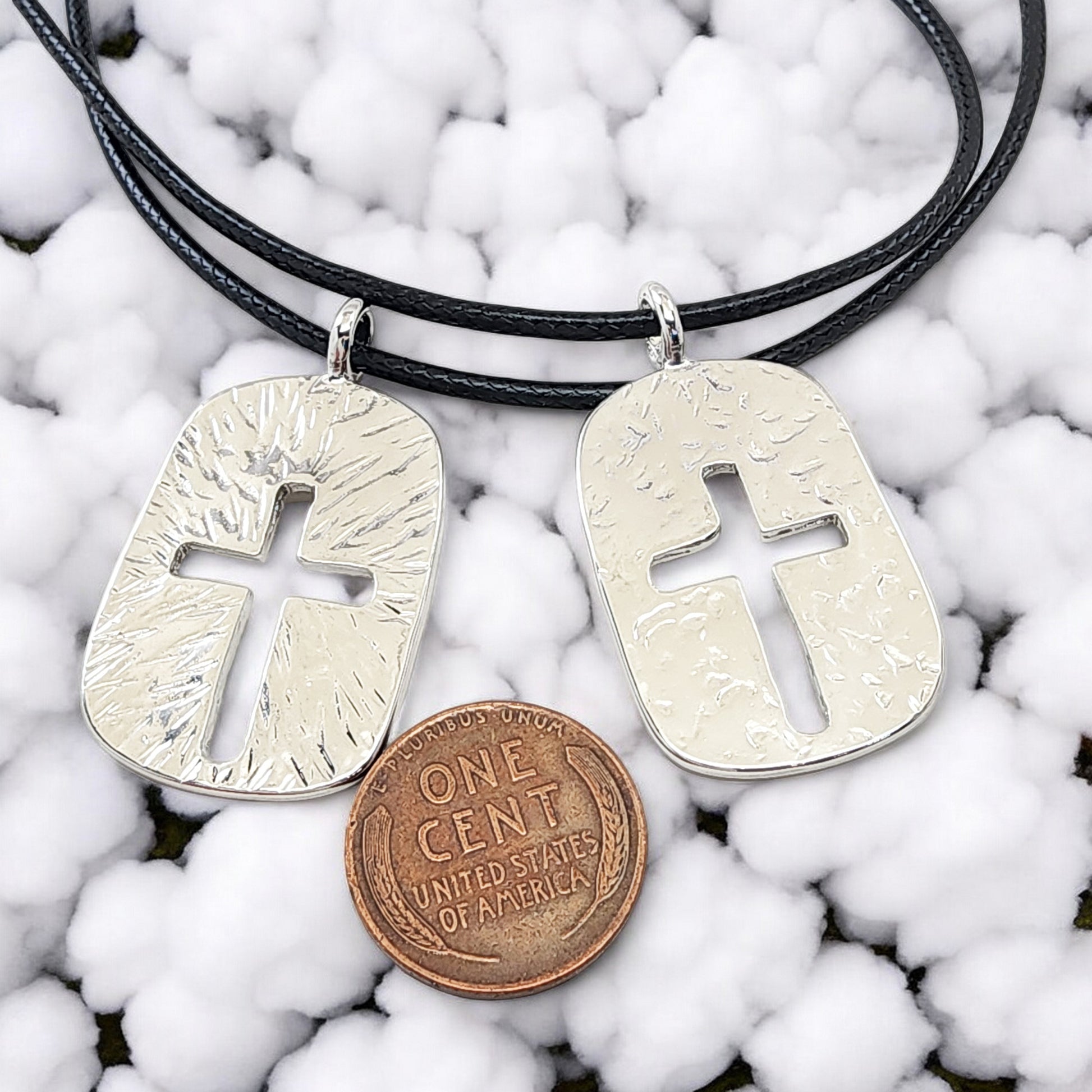 Cross Tag Hammered Rhodium Metal Finish Black Cord Necklace