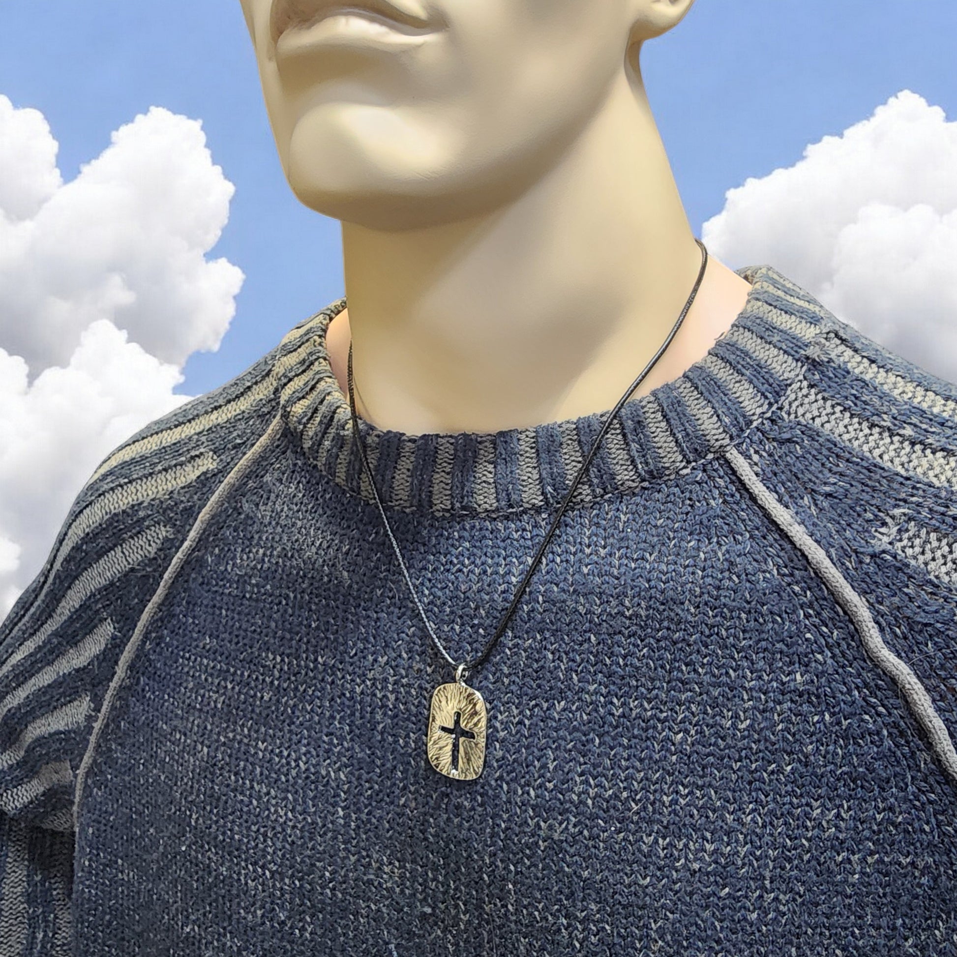 Cross Tag Hammered Rhodium Metal Finish Black Cord Necklace