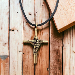 Rope Wrapped Cross Gold Metal Finish Black Cord Necklace