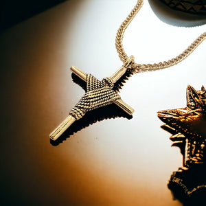 Rope Wrapped Cross Gold Metal Finish Gold Chain Necklace