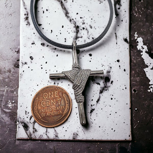 Rope Wrapped Cross Dark Metal Finish Black Cord Necklace