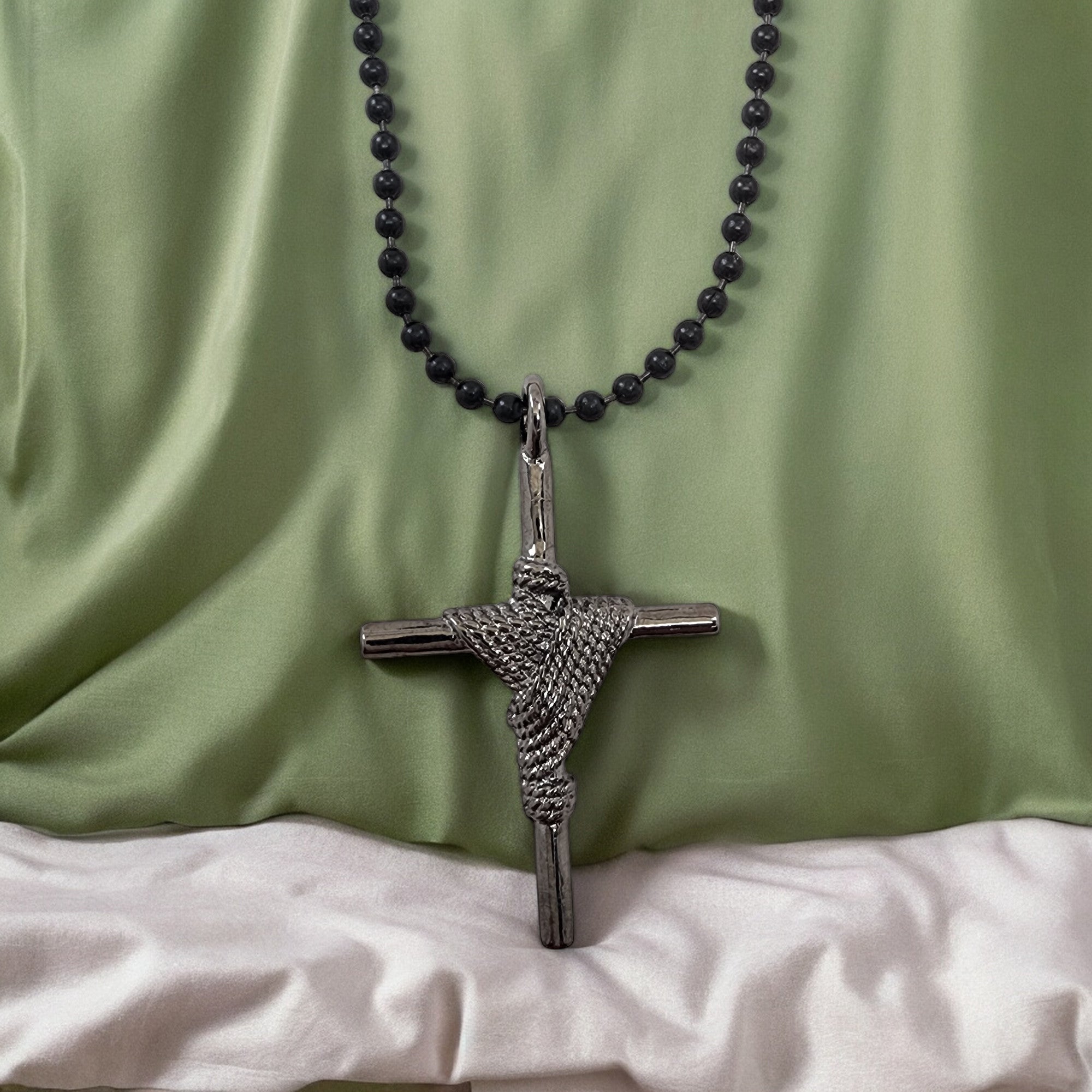 Rope Wrapped Cross Dark Metal Finish Black Ball Chain Necklace