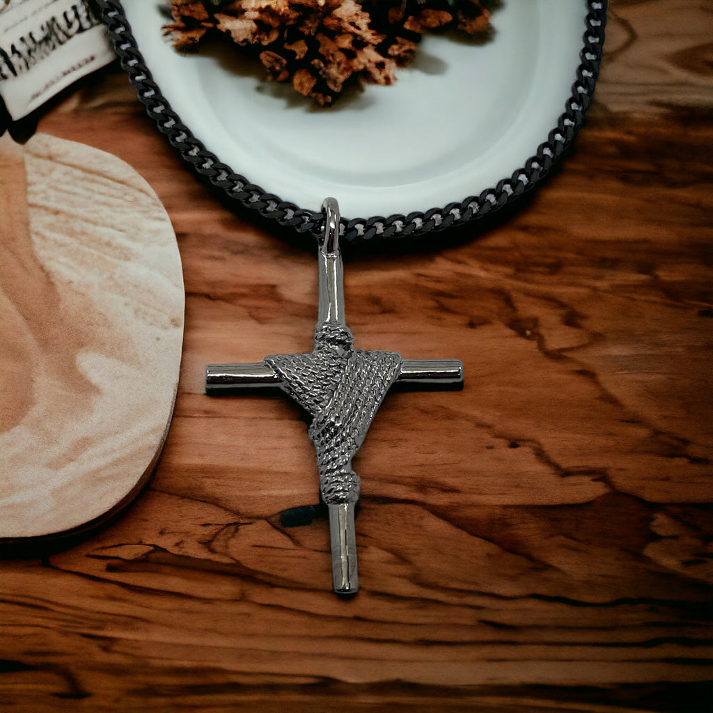 Rope Wrapped Cross Dark Metal Finish Black Chain Necklace