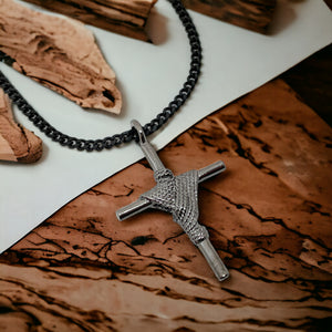 Rope Wrapped Cross Dark Metal Finish Black Chain Necklace