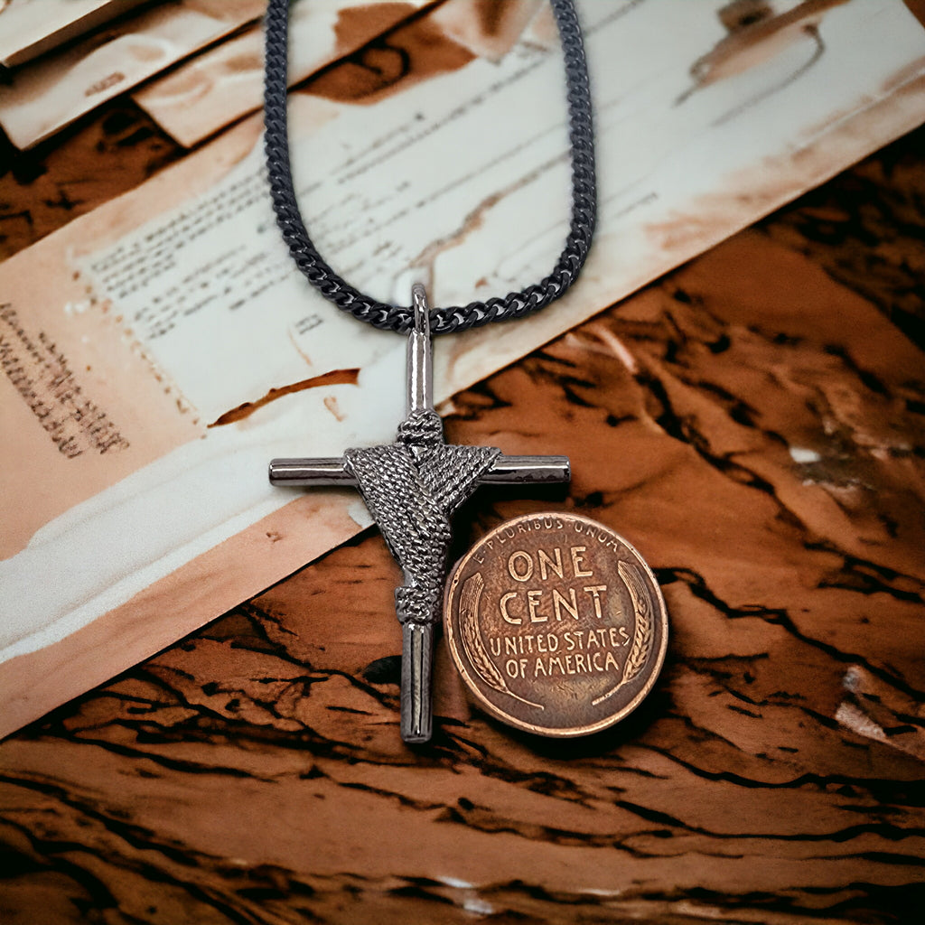 Rope Wrapped Cross Dark Metal Finish Black Chain Necklace
