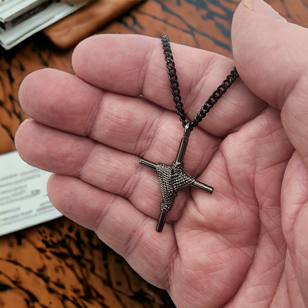 Rope Wrapped Cross Dark Metal Finish Black Chain Necklace