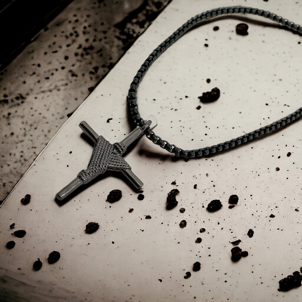 Rope Wrapped Cross Dark Metal Finish Black Heavy Chain Necklace
