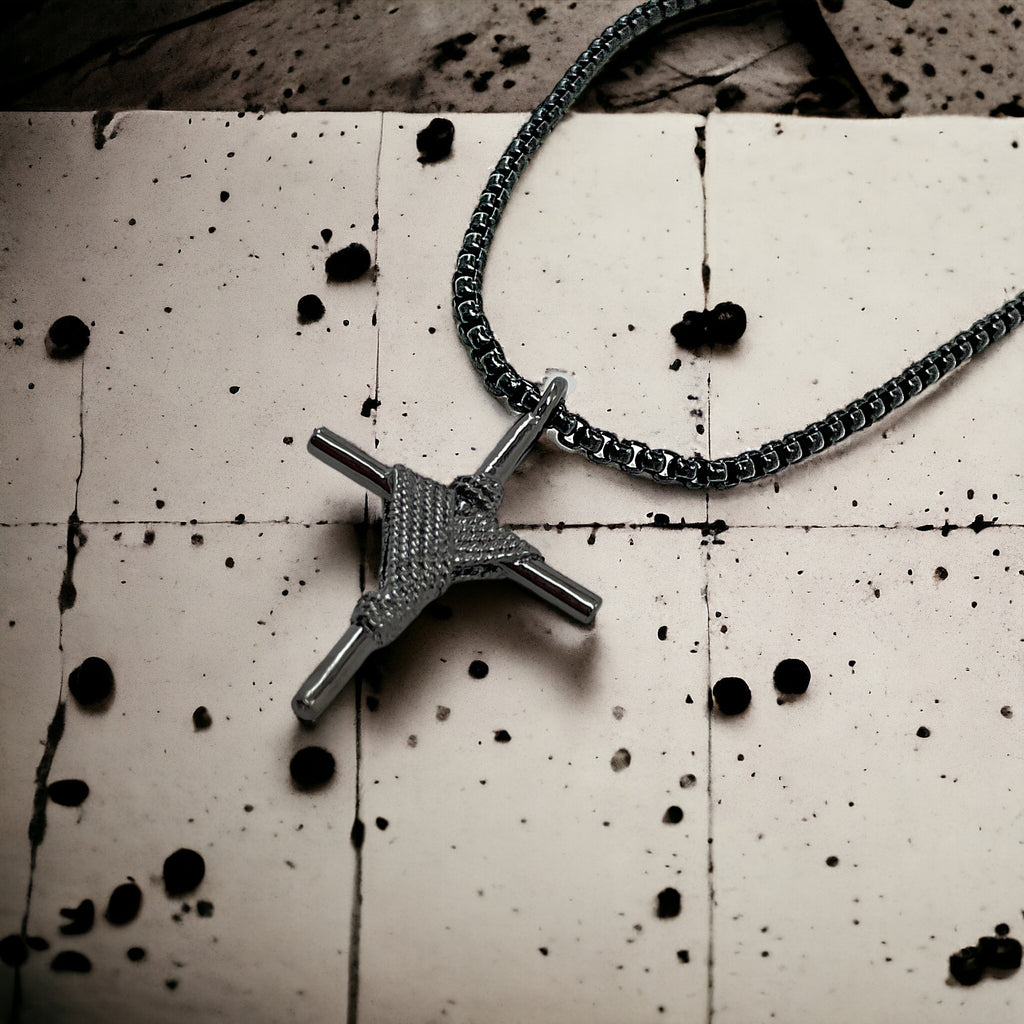Rope Wrapped Cross Dark Metal Finish Black Heavy Chain Necklace