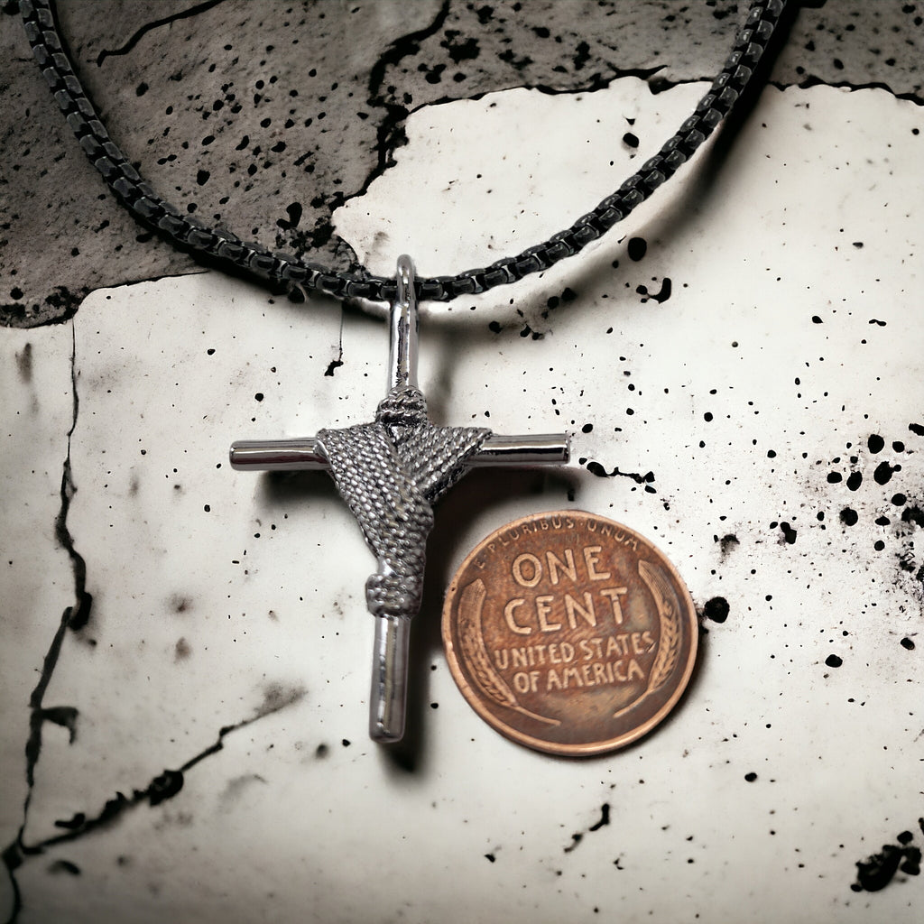 Rope Wrapped Cross Dark Metal Finish Black Heavy Chain Necklace