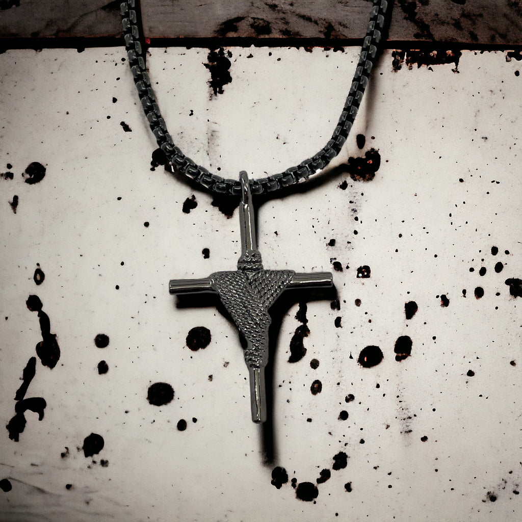 Rope Wrapped Cross Dark Metal Finish Black Heavy Chain Necklace