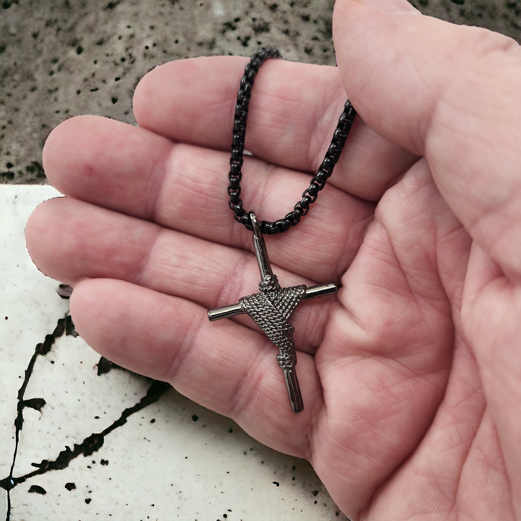 Rope Wrapped Cross Dark Metal Finish Black Heavy Chain Necklace