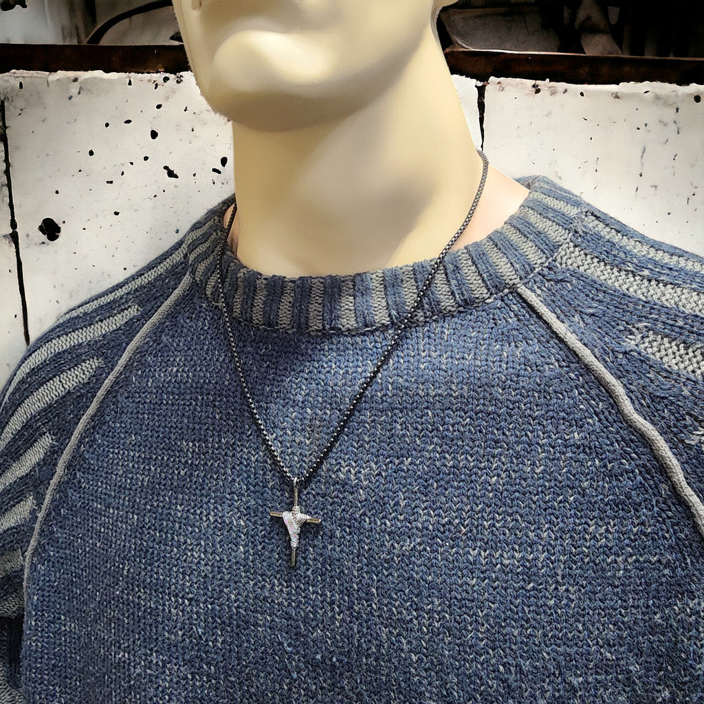 Rope Wrapped Cross Dark Metal Finish Black Heavy Chain Necklace