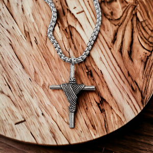 Rope Wrapped Cross Antique Silver Metal Finish Heavy Chain Necklace