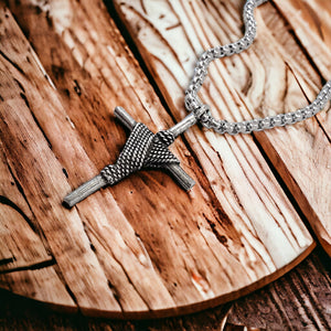 Rope Wrapped Cross Antique Silver Metal Finish Heavy Chain Necklace