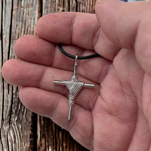 Rope Wrapped Cross Rhodium Metal Finish Black Cord Necklace