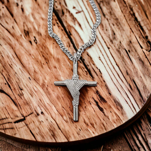 Rope Wrapped Cross Rhodium Metal Finish Chain Necklace