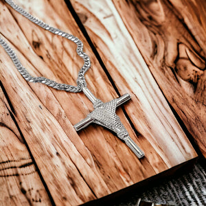 Rope Wrapped Cross Rhodium Metal Finish Chain Necklace