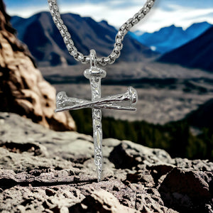 Rugged Antique Nail Cross Necklace Rhodium Silver Finish Heavy Chain