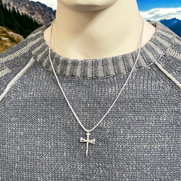 Rugged Antique Nail Cross Necklace Rhodium Silver Finish Heavy Chain