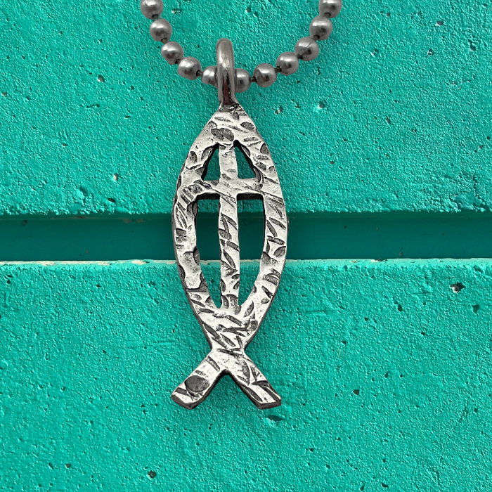 Cross Ichthus Hammered Fish Ball Chain Necklace