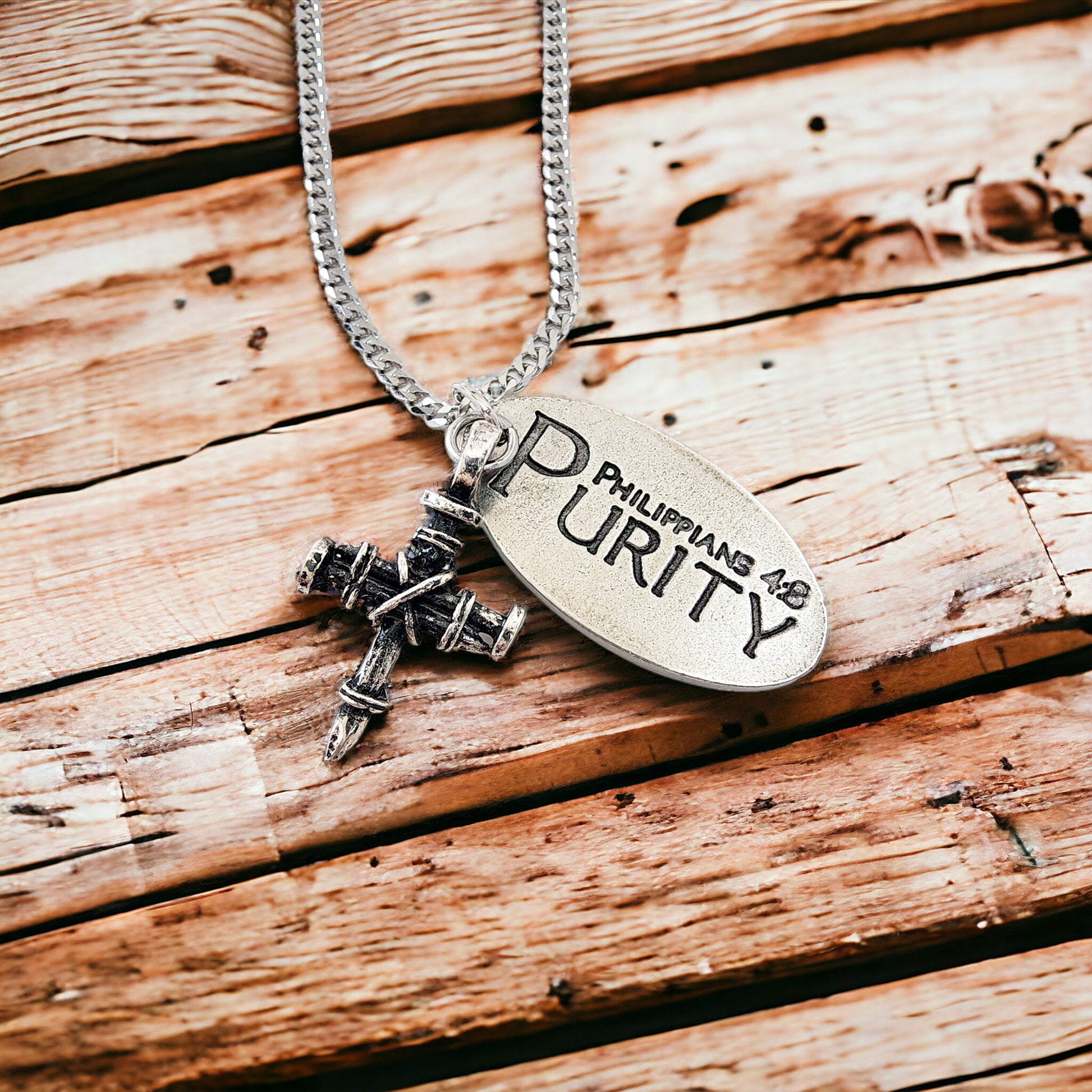 Penny Nail Cross With Purity Tag Necklace