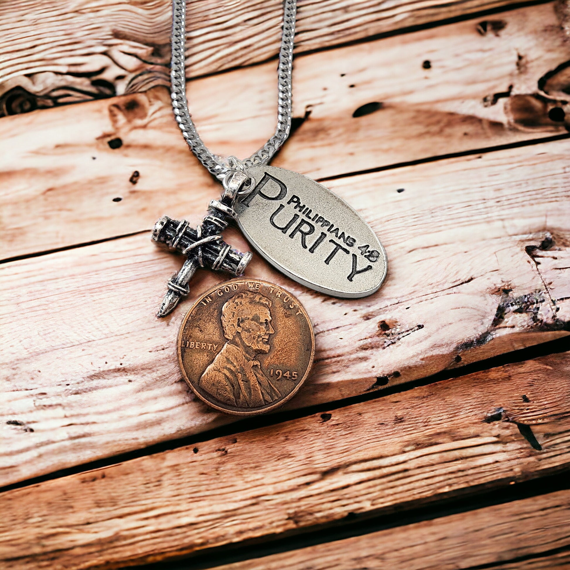Penny Nail Cross With Purity Tag Necklace