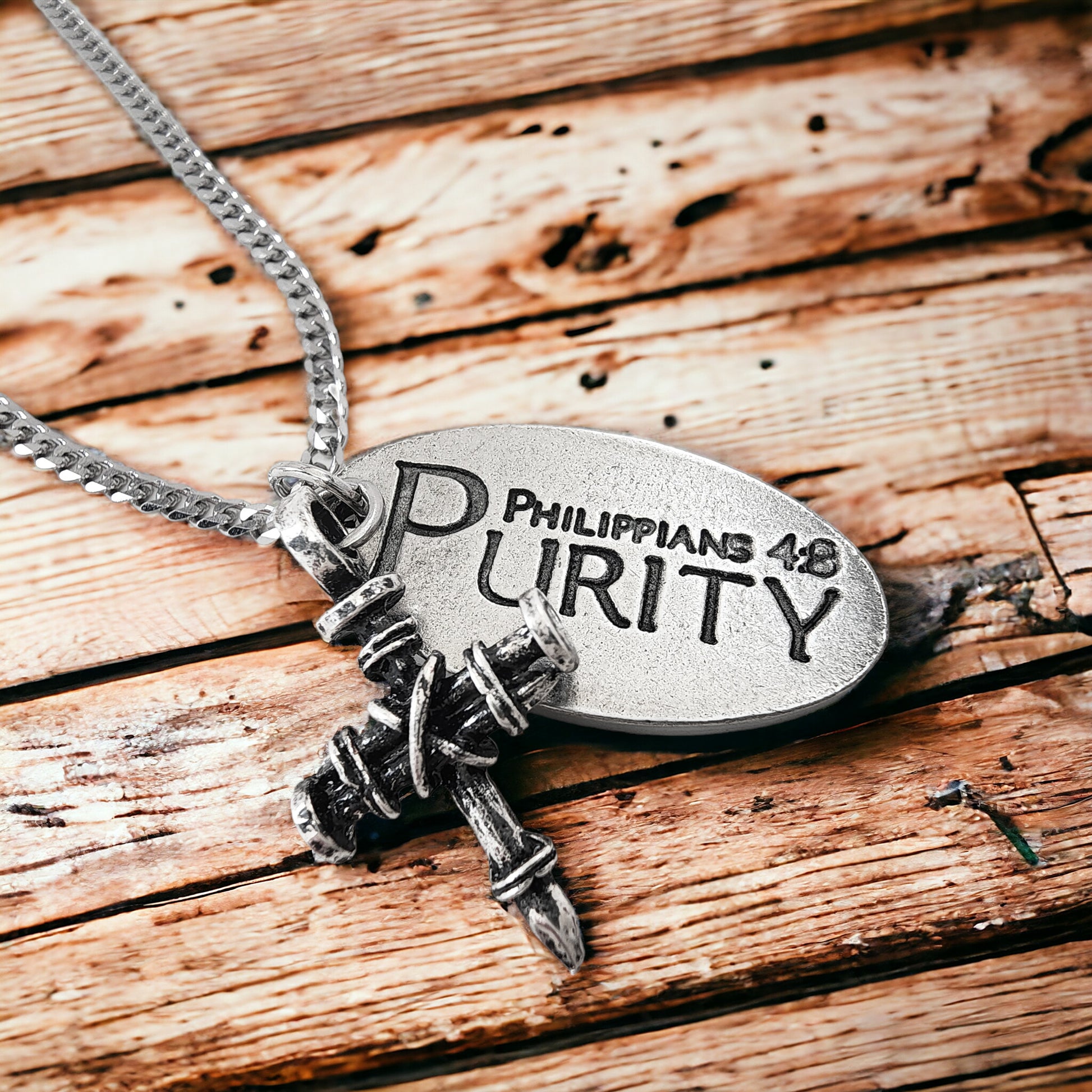 Penny Nail Cross With Purity Tag Necklace