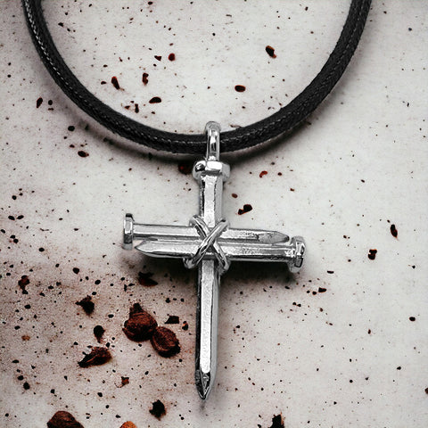 Antique Nail Cross Necklace In Rhodium Bling