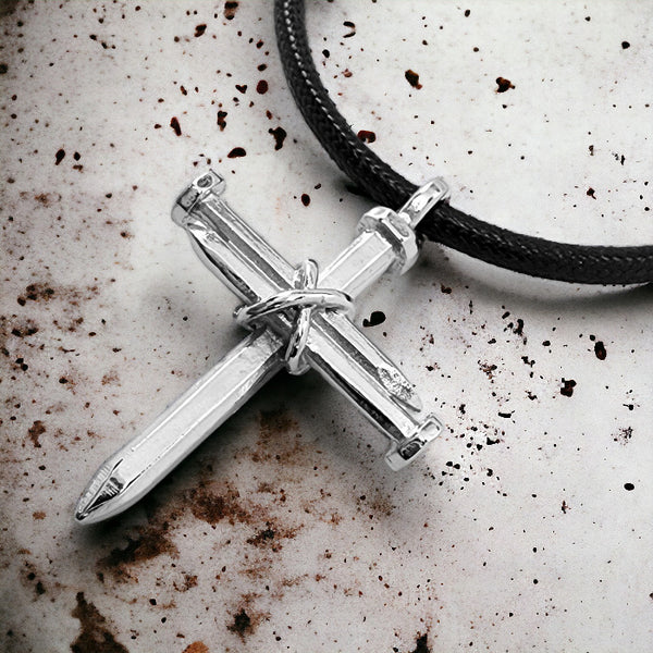 Antique Nail Cross Necklace In Rhodium Bling