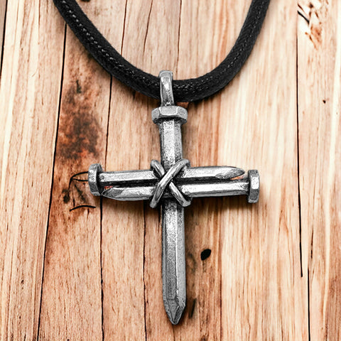 Antique Nail Cross Necklace In Pewter