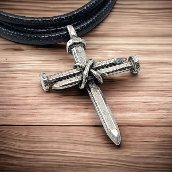 Antique Nail Cross Necklace In Pewter