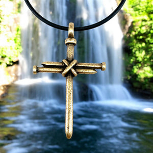 Nail Cross Antique Brass Finish Black Rubber Necklace