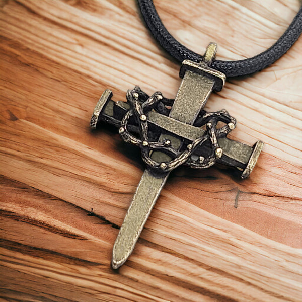 Nail Crown Cross Necklace Large Cross Antique Brass Metal Finish