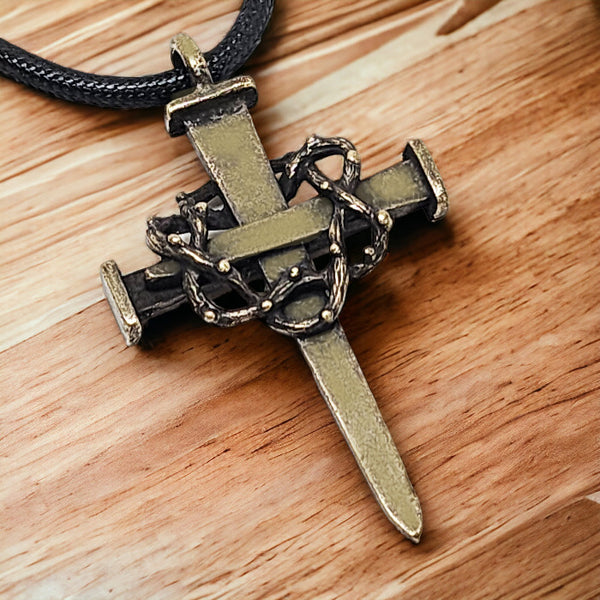 Nail Crown Cross Necklace Large Cross Antique Brass Metal Finish
