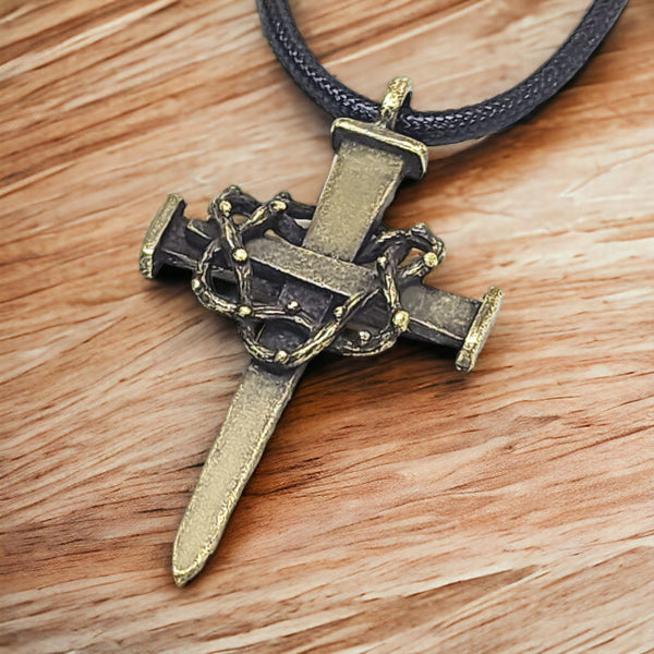 Nail Crown Cross Necklace Large Cross Antique Brass Metal Finish