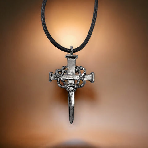 Crown Of Thorns Nail Cross Large Dark Metal Finish Pendant Black Cord Necklace