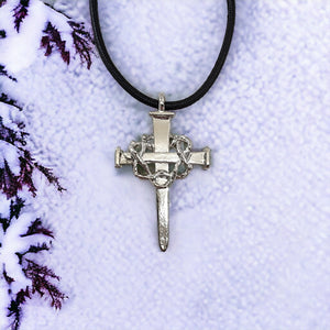Crown Of Thorns Nail Cross Large Rhodium Metal Finish Pendant Black Cord Necklace