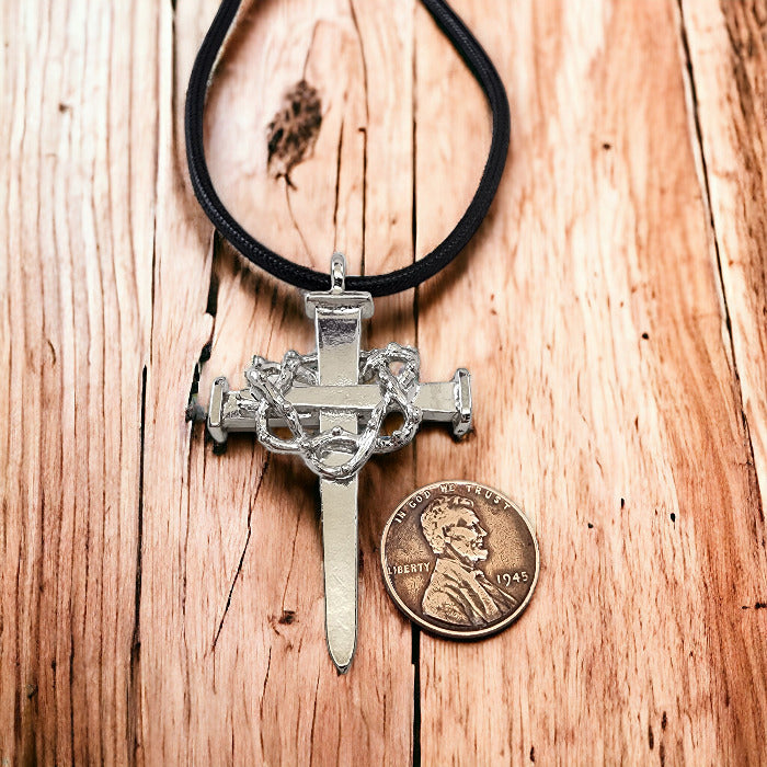 Crown Of Thorns Nail Cross Large Rhodium Metal Finish Pendant Black Cord Necklace