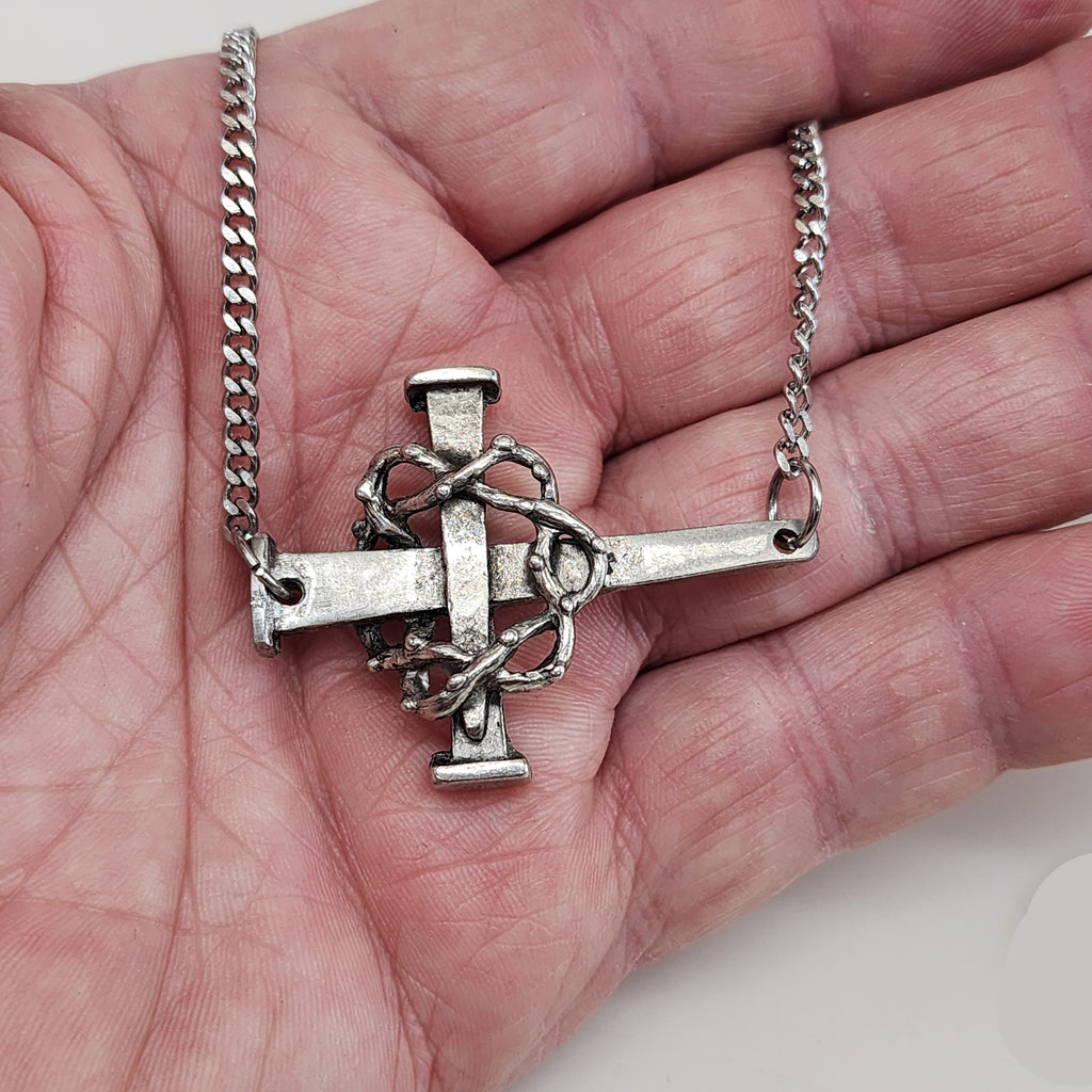 Crown Of Thorns Nail Cross Large Sideways Pendant Pewter Metal Finish Chain Necklace