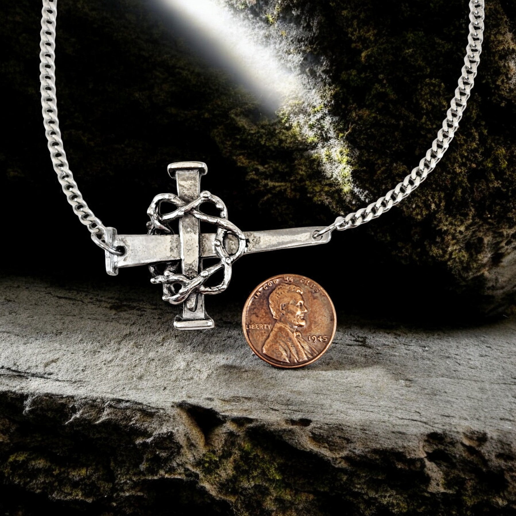 Crown Of Thorns Nail Cross Large Sideways Pendant Pewter Metal Finish Chain Necklace