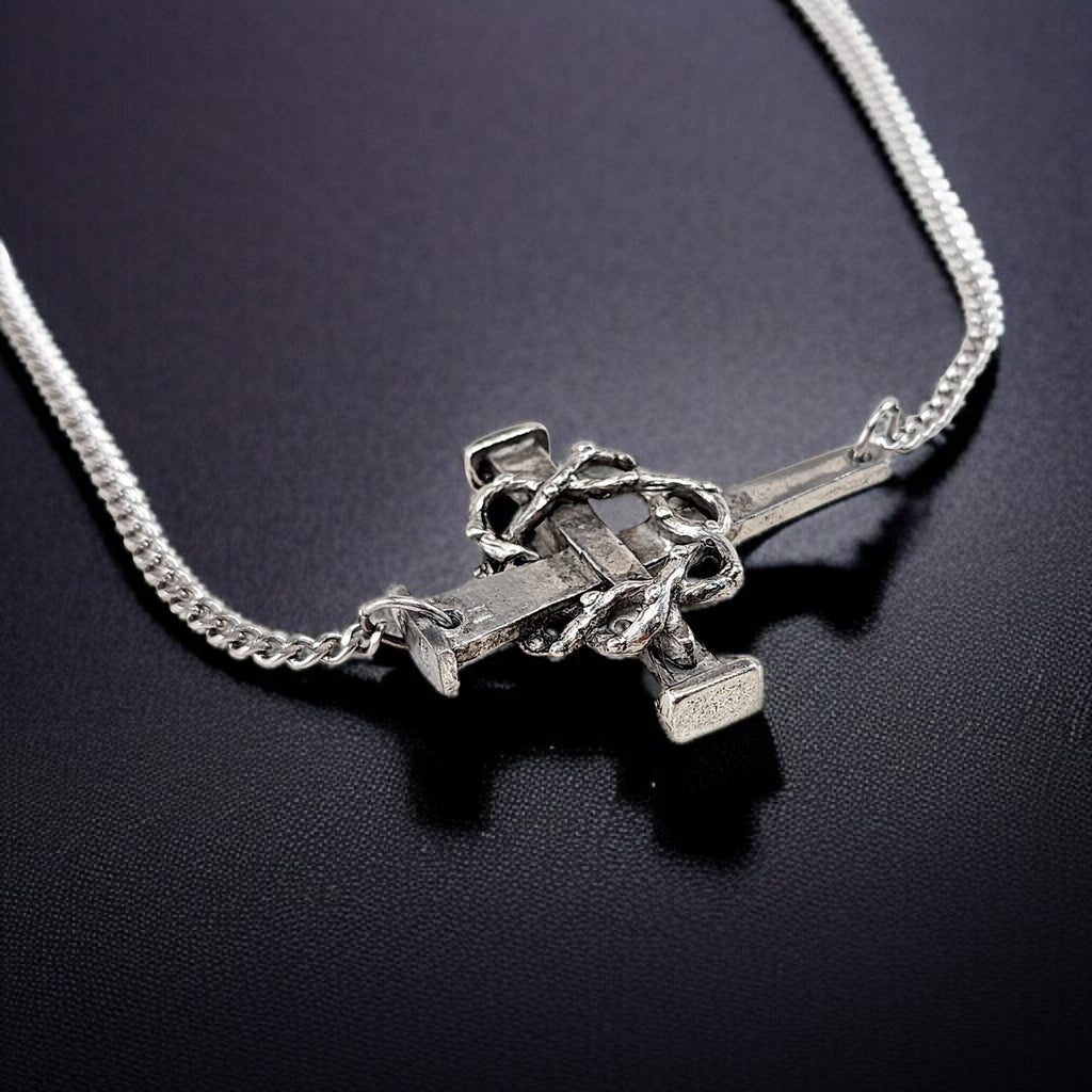 Crown Of Thorns Nail Cross Large Sideways Pendant Pewter Metal Finish Chain Necklace