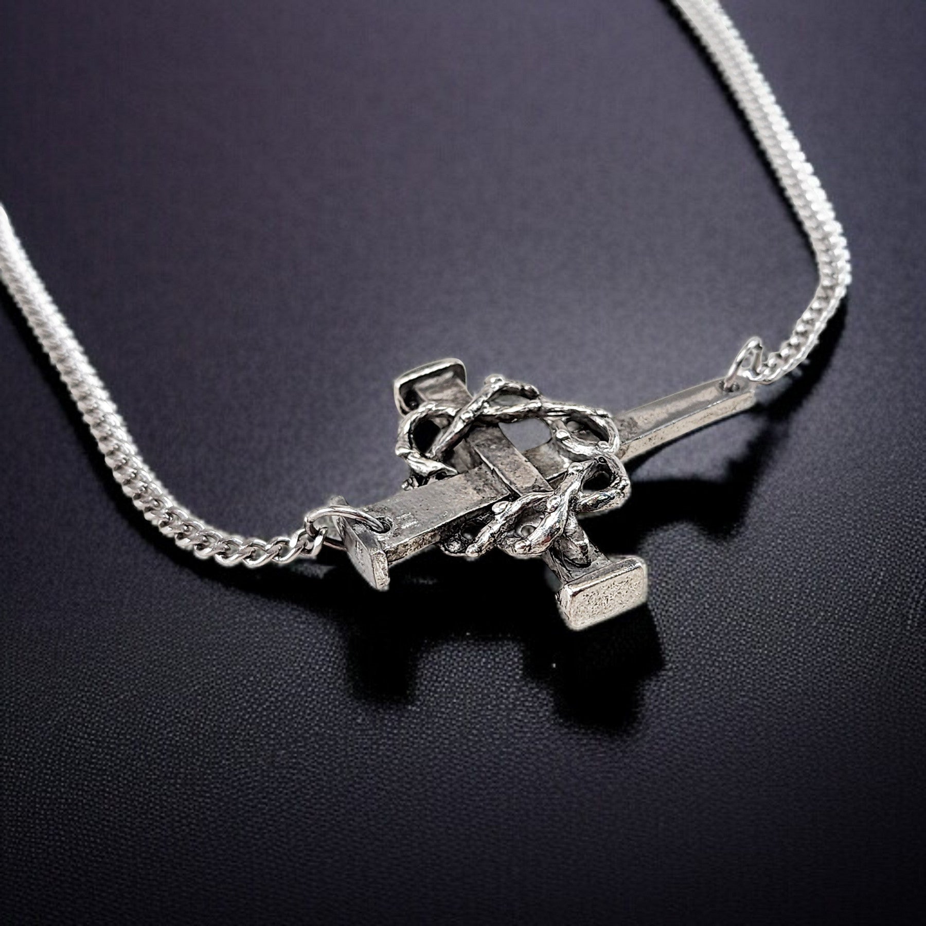 Crown Of Thorns Nail Cross Large Sideways Pendant Pewter Metal Finish Chain Necklace