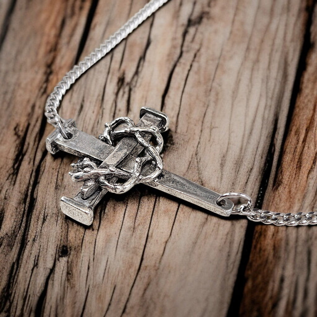 Crown Of Thorns Nail Cross Large Sideways Pendant Pewter Metal Finish Chain Necklace