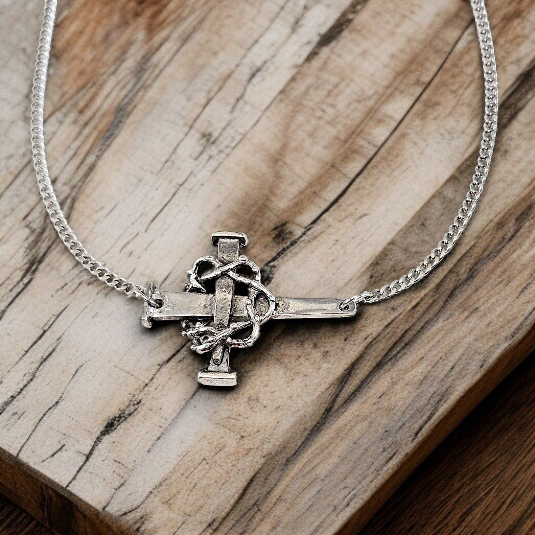 Crown Of Thorns Nail Cross Large Sideways Pendant Pewter Metal Finish Chain Necklace
