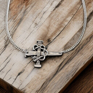 Crown Of Thorns Nail Cross Large Sideways Pendant Pewter Metal Finish Chain Necklace