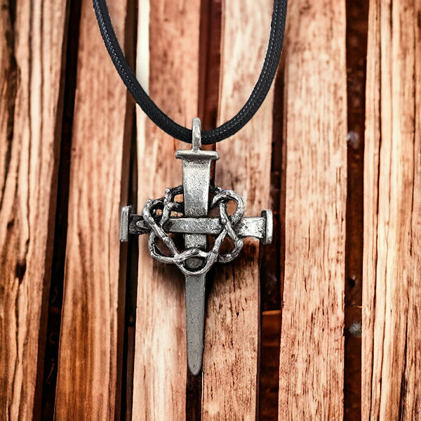 Nail Crown Cross Large Pendant Antique Silver Metal Finish Black Cord Necklace